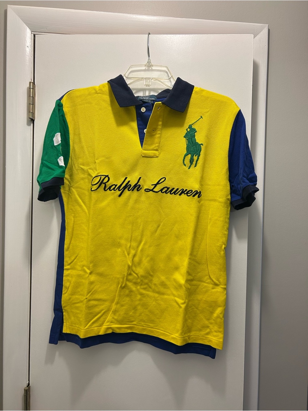 Ralph Lauren Men’s Yellow Polo with Navy Collar and Green Sleeve